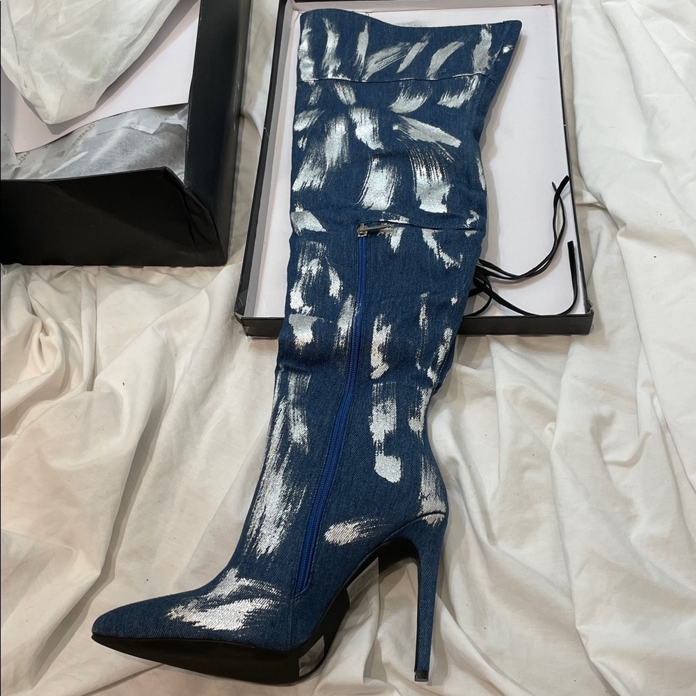 •CAPE ROBBIN• “Detroit” Thigh-High Denim Metallic Cargo Boots - Silver // NIB - Picture 7 of 16